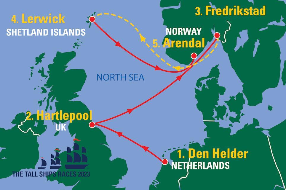 Illustrasjon av destinasjonene for Tall Ships Races 2023.  Starter i Den Halder, Nederland, videre til Hartlepool, UK, etterfulgt av Fredrikstad, Norge, Lerwick, Shetland Islands og tilslutt Arendal, Norge.  - Klikk for stort bilde